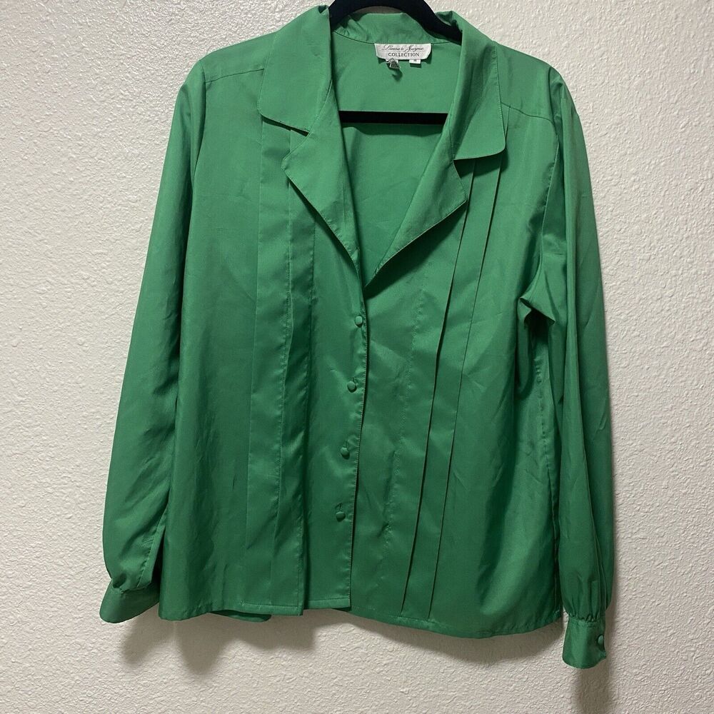 4/$25 laura jayne blouse 14 silky green large l button up dressy work pleated tv